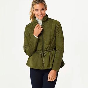 ZUDA Olive Green Peplum Quilted Cinch Waist Stand Up Collar Jacket Small